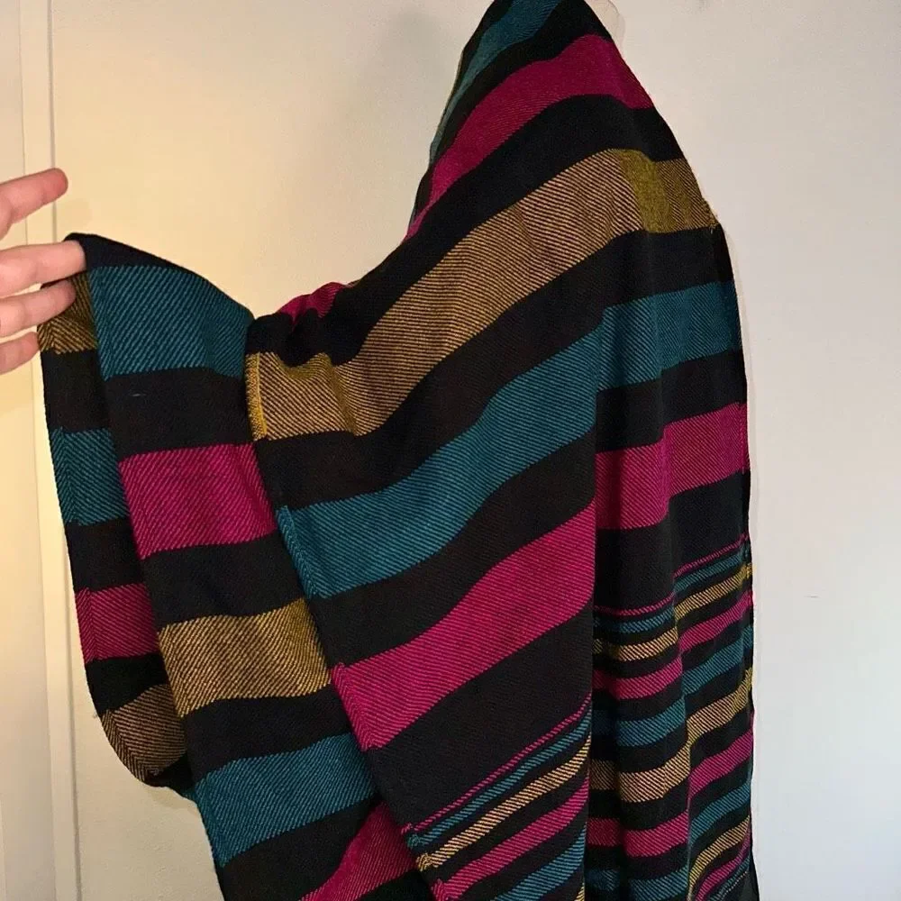 Womens Colorful Woven Striped Sweater Cape‎ Cardigan Fringe Trim Acrylic Boho